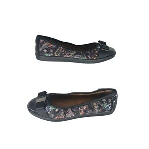 Soft Style Hush Puppies Floral Ballet Flats Womens Size 6 Wide Black Patent Bow